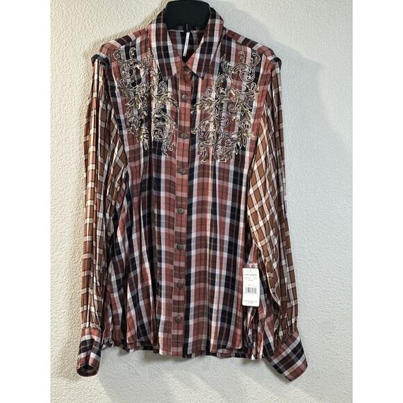 Free People Copper Plaid Snow Top Mountain Top Shirt Button down Medium M NEW - Picture 2 of 16